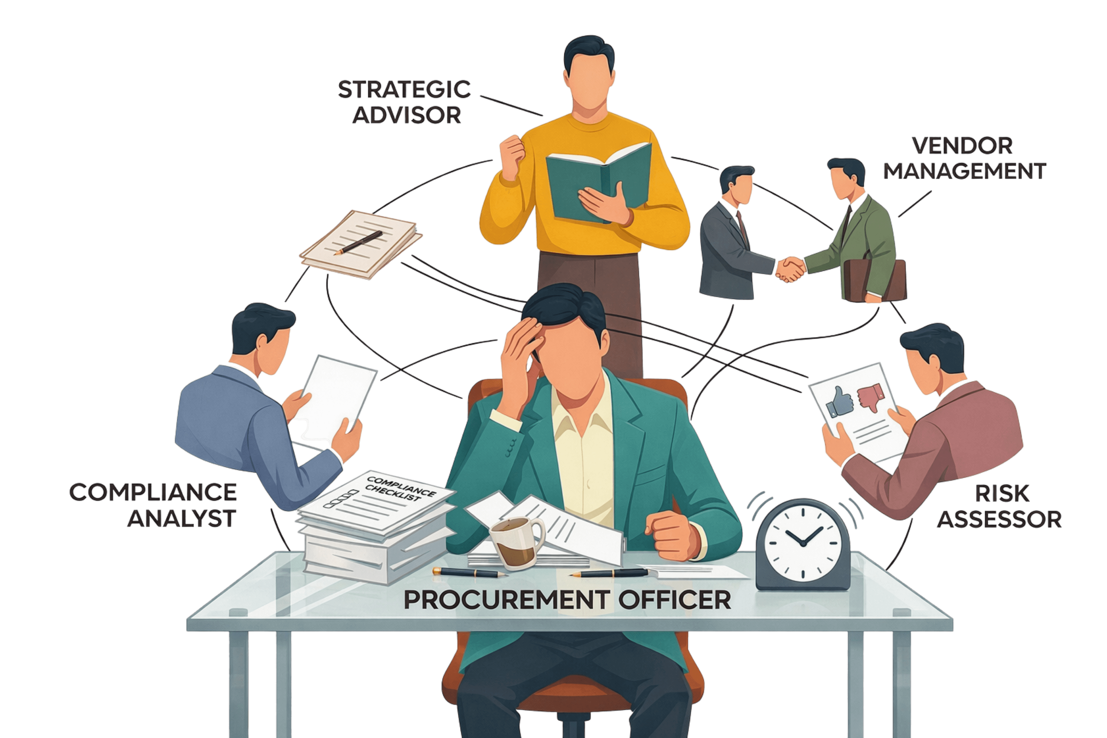 A procurement officer at a desk surrounded by the many roles they must play: strategic advisor, vendor manager, compliance analyst, and risk assessor.
